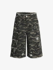 Distressed Camo Multi-Pocket Straight-Leg Jorts - 2611 