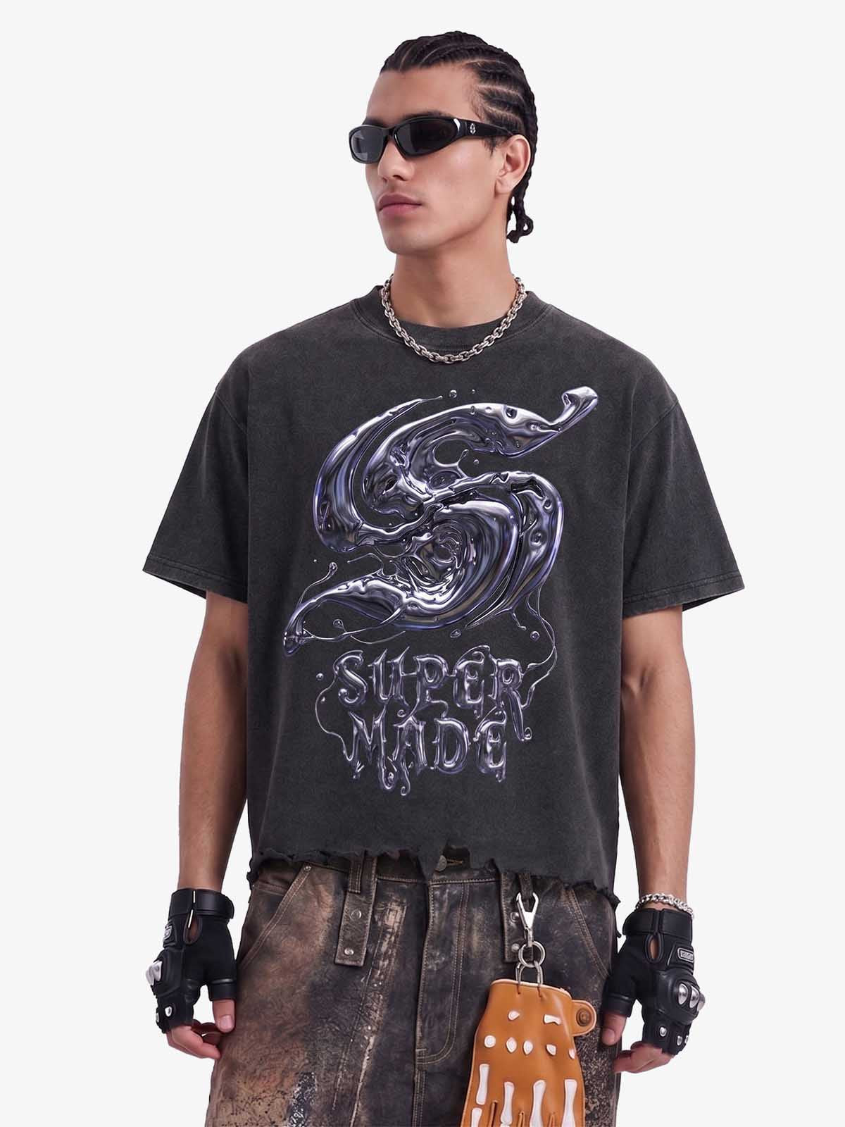Gothic Liquid Metal Ripped Washed T-Shirt 