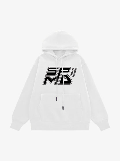 SPMD Letter Design Print Fleece Hooded Sweatshirt 