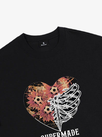 Cotton Black Heart Print Graphic T-Shirt with Floral and Skeleton Design 