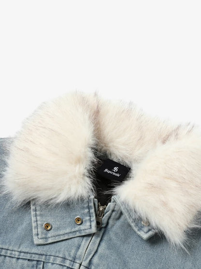 Vintage Detachable Sherpa Collar Aviator Denim Jacket 
