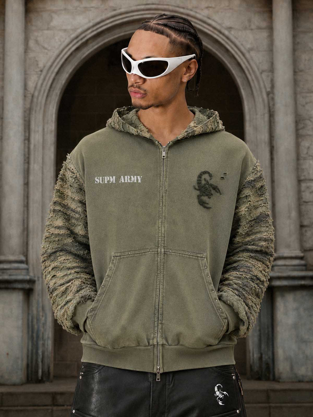 Camo Boro Paneled Distressed Zip Hoodie