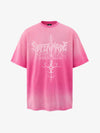 Thesupermade-Unisex Loose-fit Gradient Pink And Black Street Punk T-shirt With Gothic Pattern Print, Suitable For Street 
