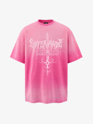 Thesupermade-Unisex Loose-fit Gradient Pink And Black Street Punk T-shirt With Gothic Pattern Print, Suitable For Street 