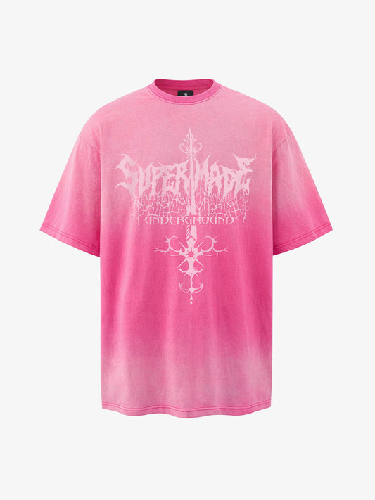 Thesupermade-Unisex Loose-fit Gradient Pink And Black Street Punk T-shirt With Gothic Pattern Print, Suitable For Street 