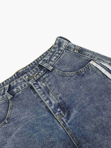 Star Print Curved Stripe Barrel Baggy Jeans