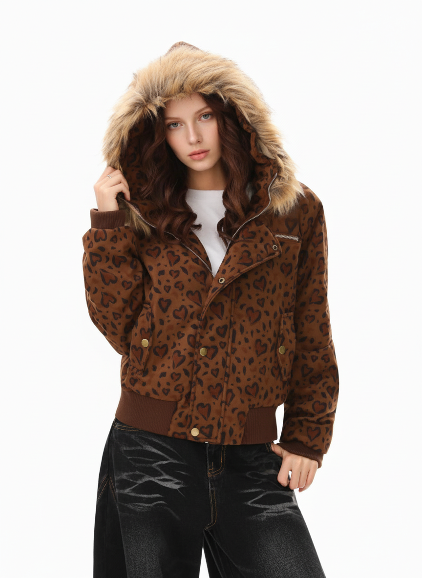 Detachable Fur Collar Heart Leopard Print Bomber Jacket 