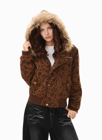 Detachable Fur Collar Heart Leopard Print Bomber Jacket 