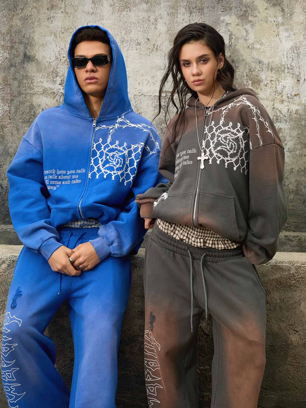 Supermade Vintage Distressed Print Patchwork Sweatshirt Set 