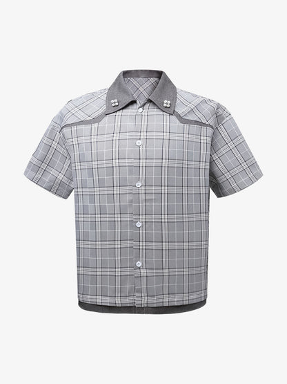 Faux Two-piece Pearl Button Plaid Short-sleeved Shirt 