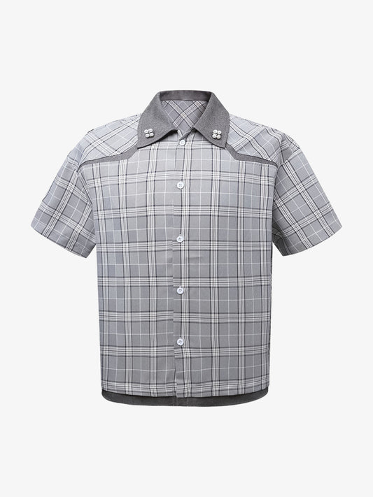 Faux Two-piece Pearl Button Plaid Short-sleeved Shirt 