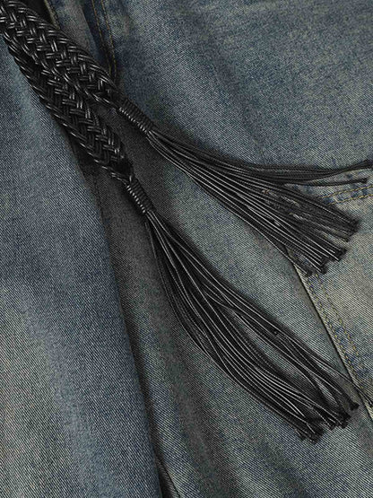Braided Drawstring Waist Patchwork Cargo Jeans