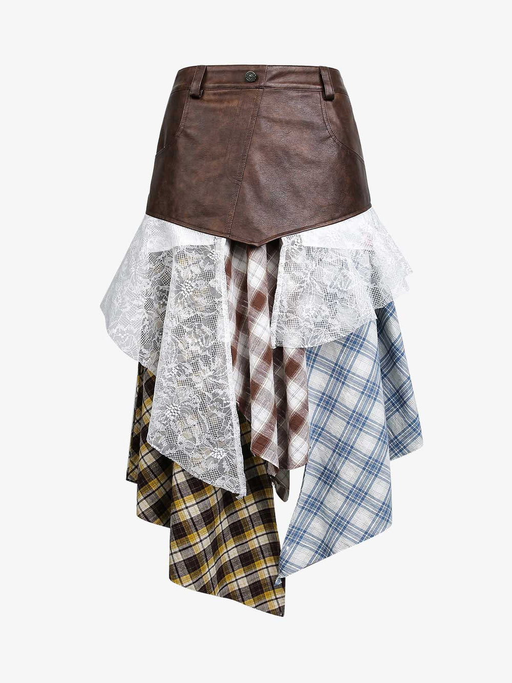 Falda de patchwork a cuadros con encaje irregular de piel sintética de Thesupermade