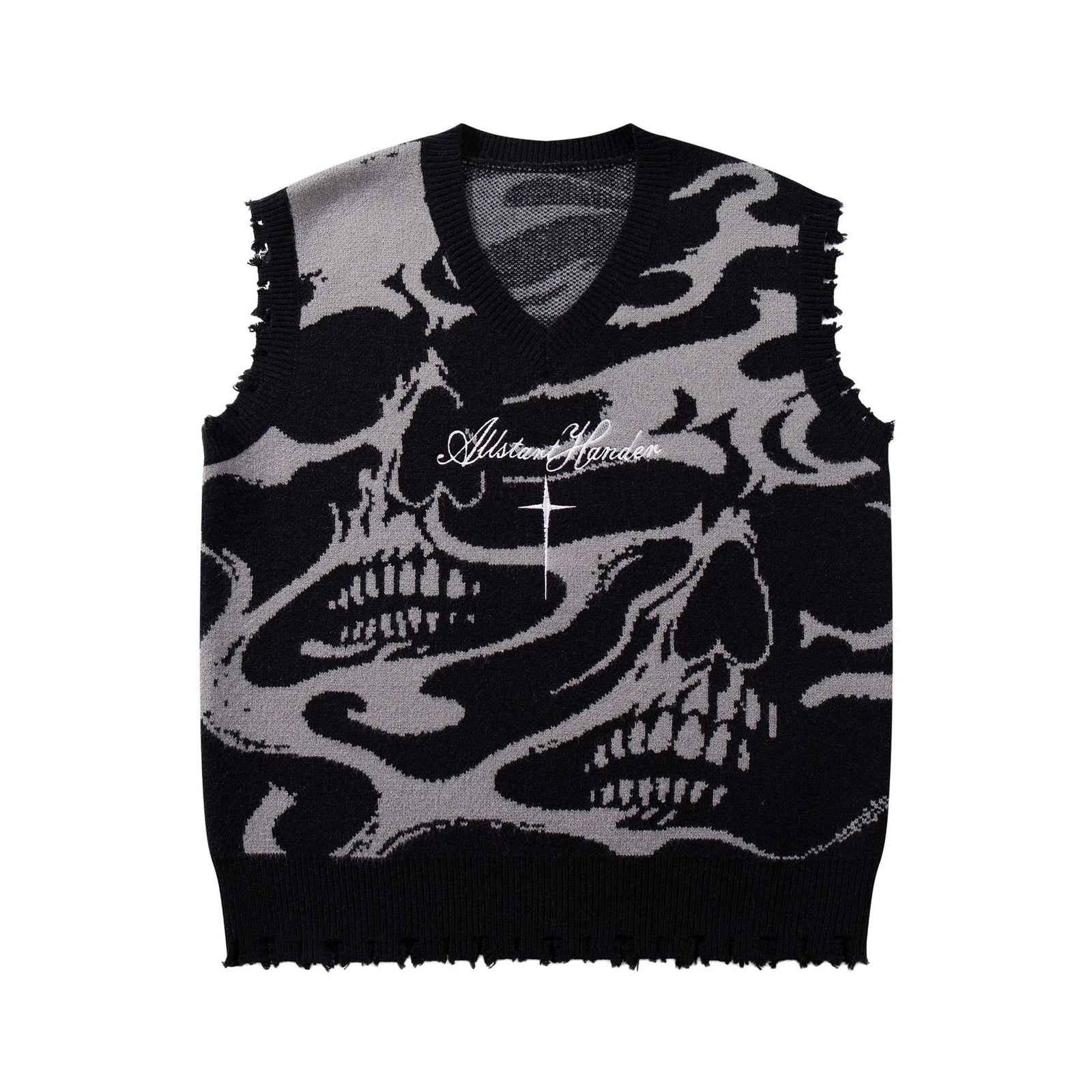 High Street Dark Skull Frayed-edge V-neck Sweater Vest 