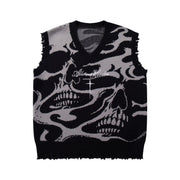 High Street Dark Skull Frayed-edge V-neck Sweater Vest 