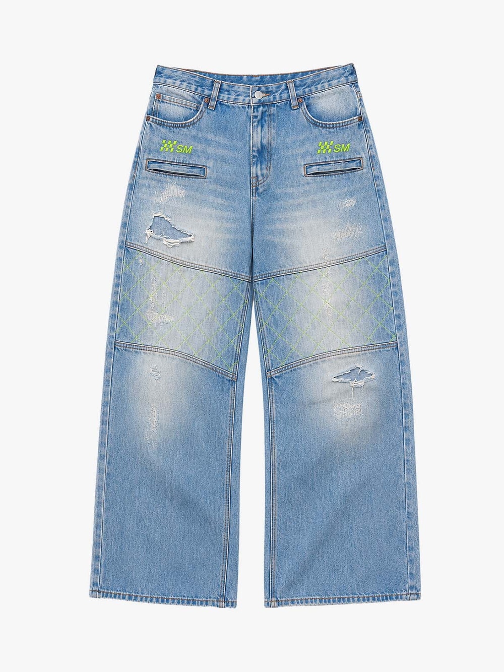 Double-Zip Paneled Distressed Bootcut Jeans