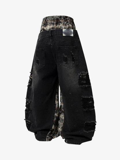 Denim Patchwork Wide Leg Pants with Drawstring Waist and Distressed Details 