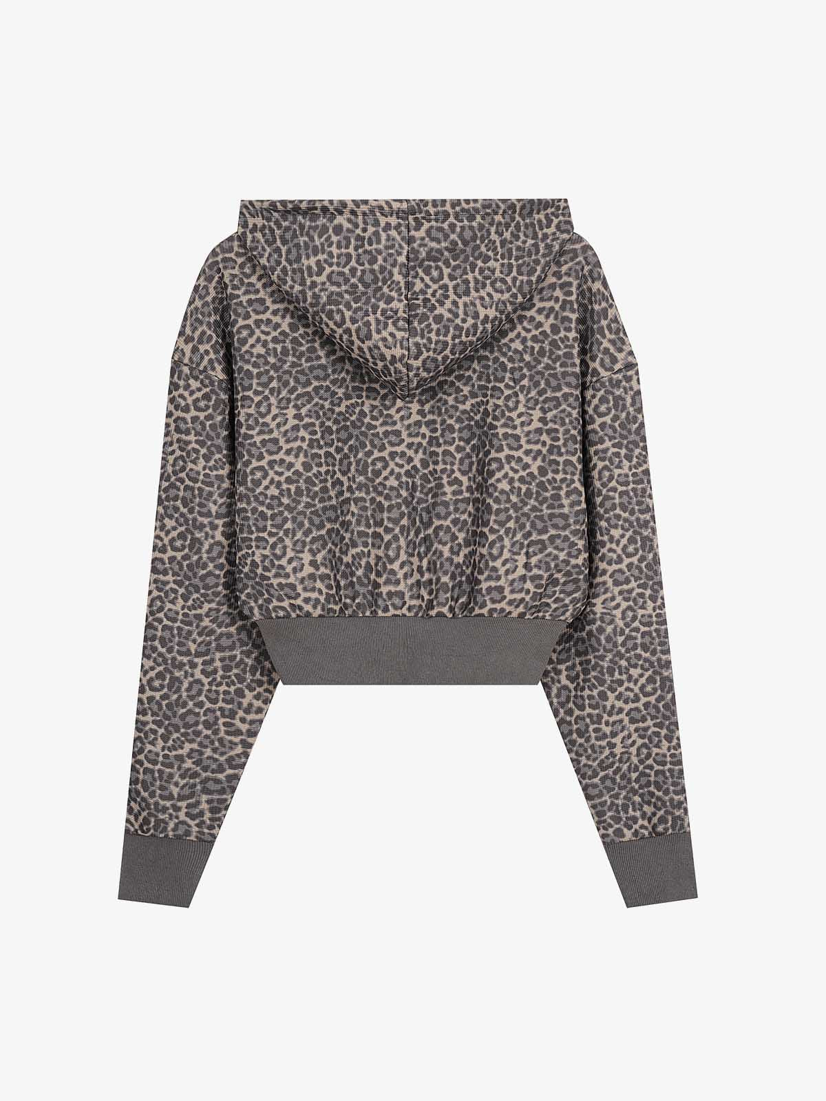 Leopard Print Stud Detail Cropped Zip-Up Hoodie