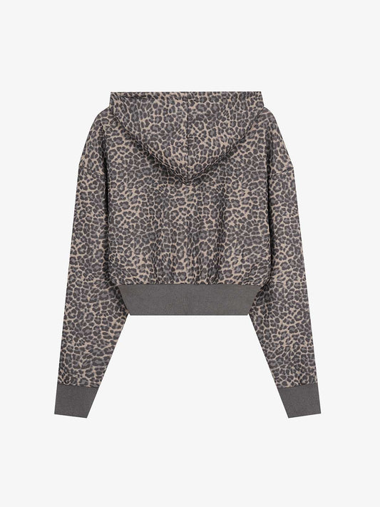 Leopard Print Stud Detail Cropped Zip-Up Hoodie