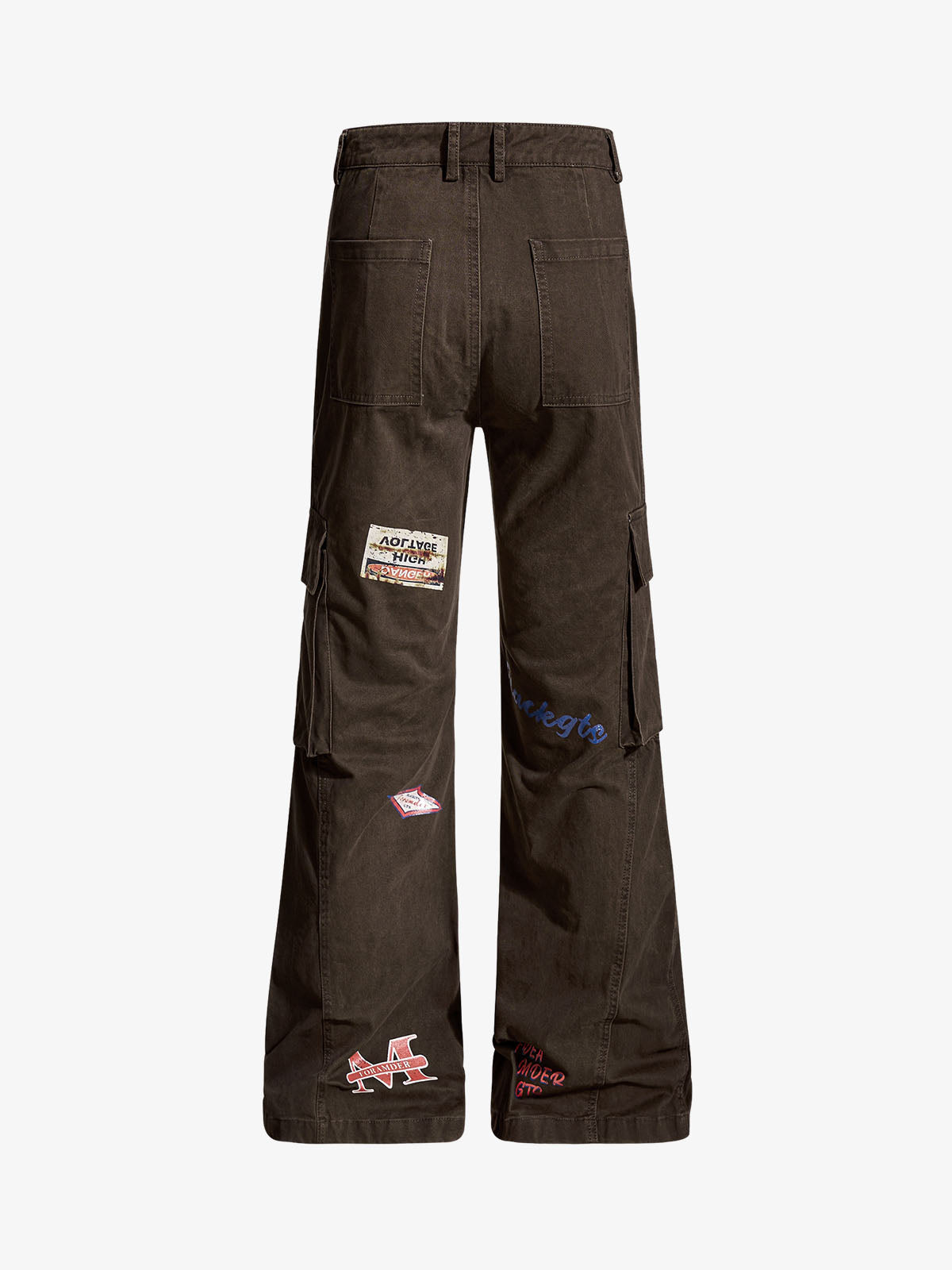 Retro Patchwork Graphic Multi-Pocket Flared Cargo Pants 