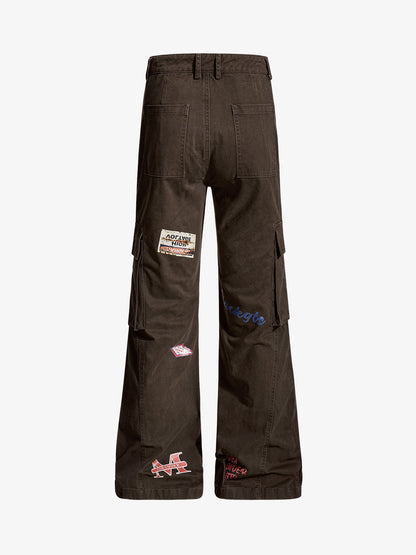 Retro Patchwork Graphic Multi-Pocket Flared Cargo Pants 