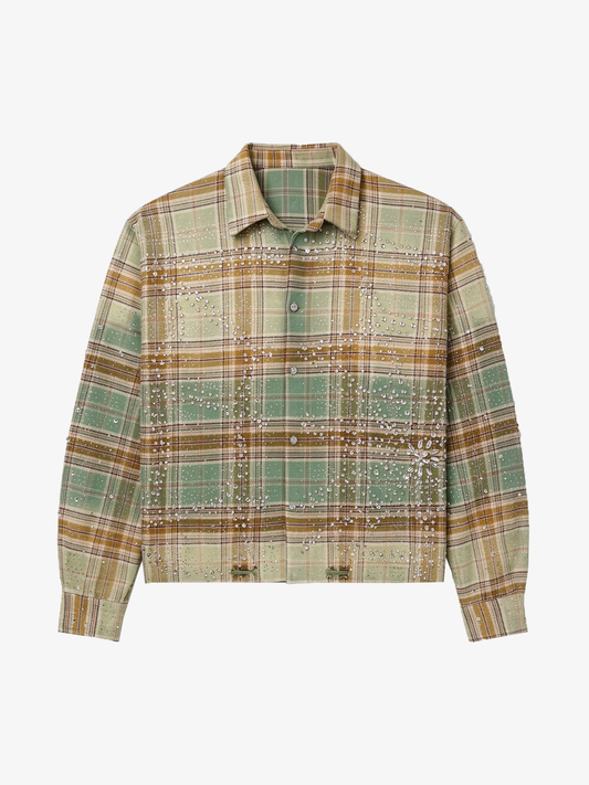 Rhinestone Plaid Long-Sleeve Shirt; Green / S, Green / M, Green / L, Green / XL, Green / 2XL