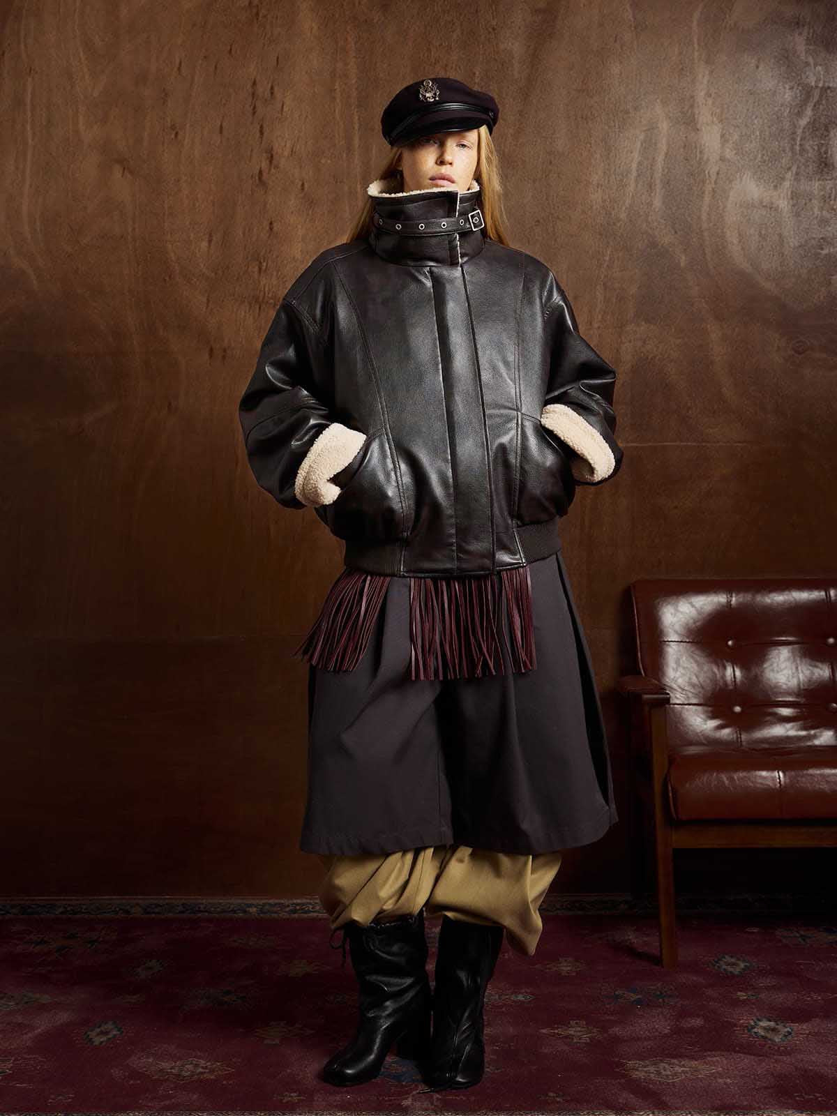 Vintage Shearling Collar Quilted Leather Jacket 