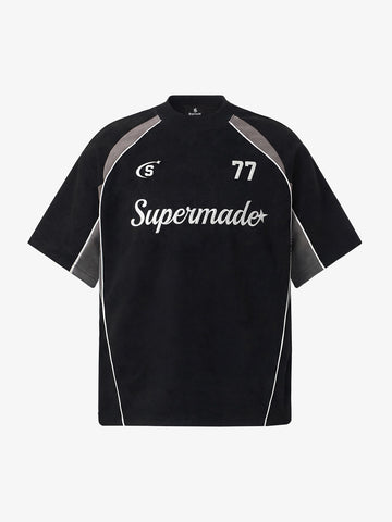 Cotton Blend Oversized Sport T-Shirt with Contrast Panels and Logo Print 