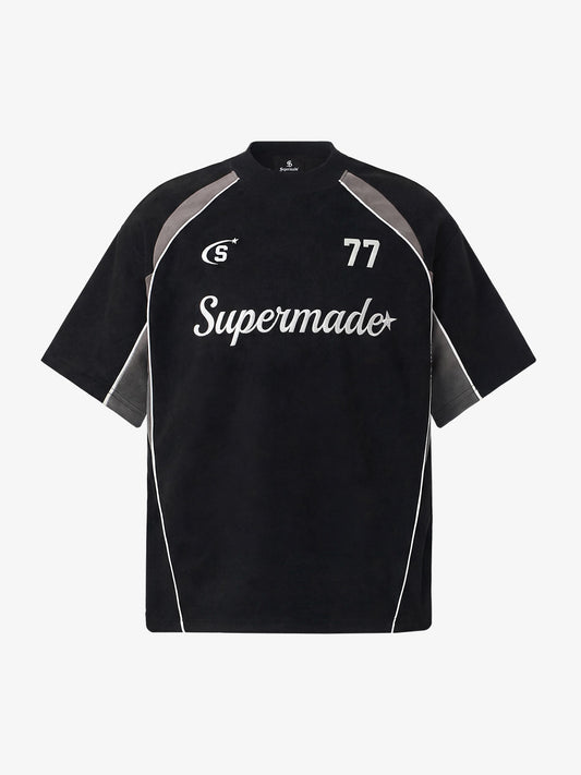 Cotton Blend Oversized Sport T-Shirt with Contrast Panels and Logo Print 