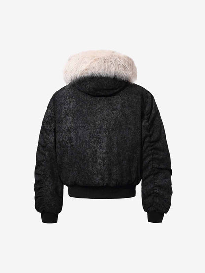 Leopard Panel Fur-Trim Hooded Bomber Jacket 