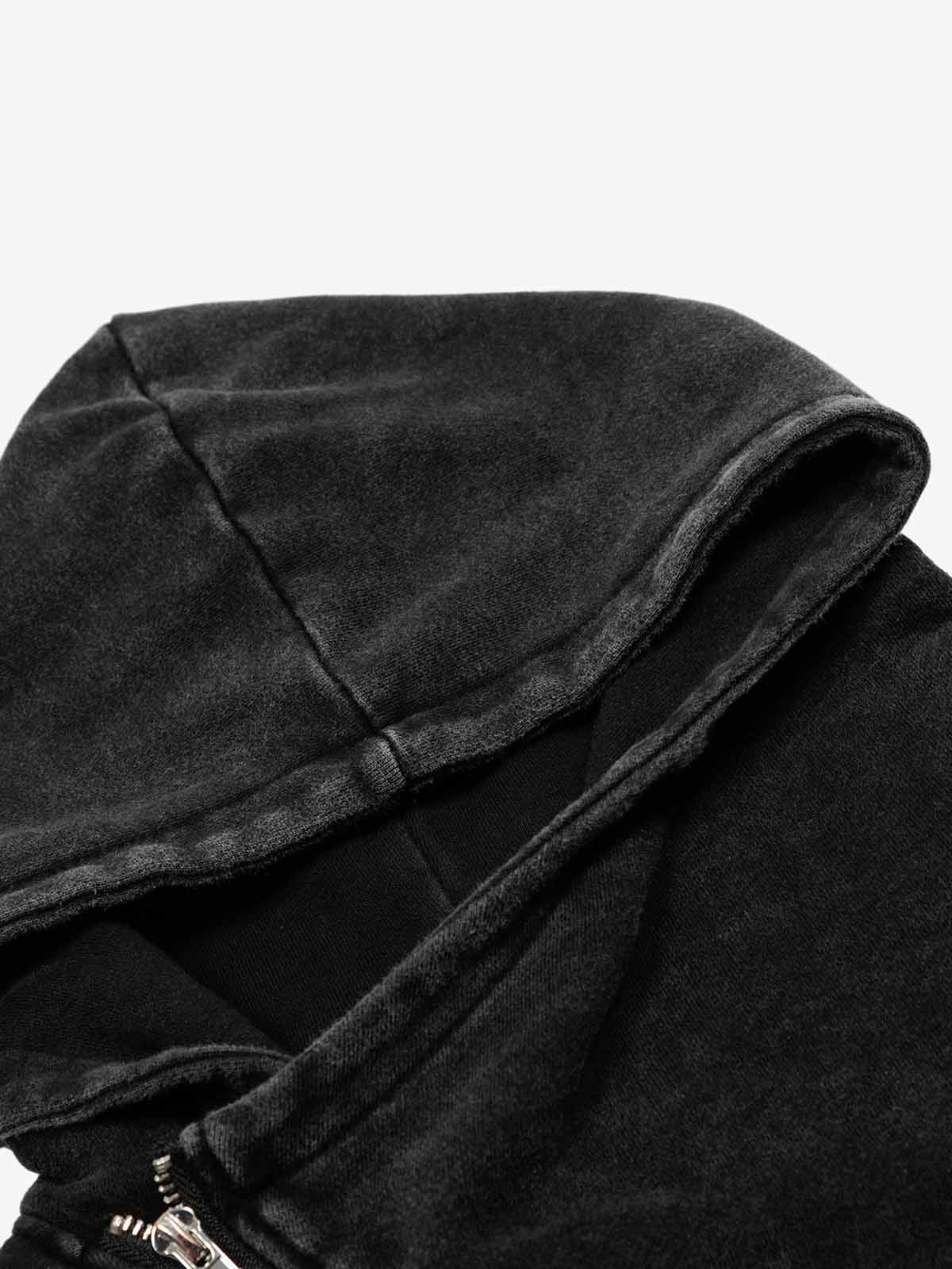 Distressed Washed Asymmetrical Placket Zip-Up Hoodie