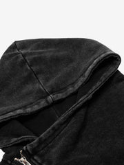 Distressed Washed Asymmetrical Placket Zip-Up Hoodie