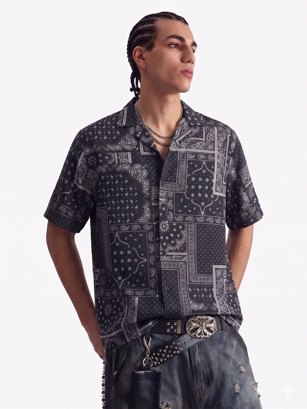 Vintage Bandana Patchwork Camp Collar Boxy Shirt 