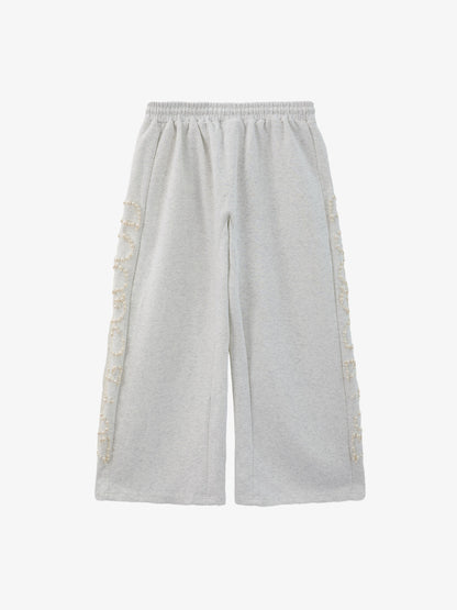 Cotton Blend Pearl Embellished Wide Leg Sweatpants for Women 