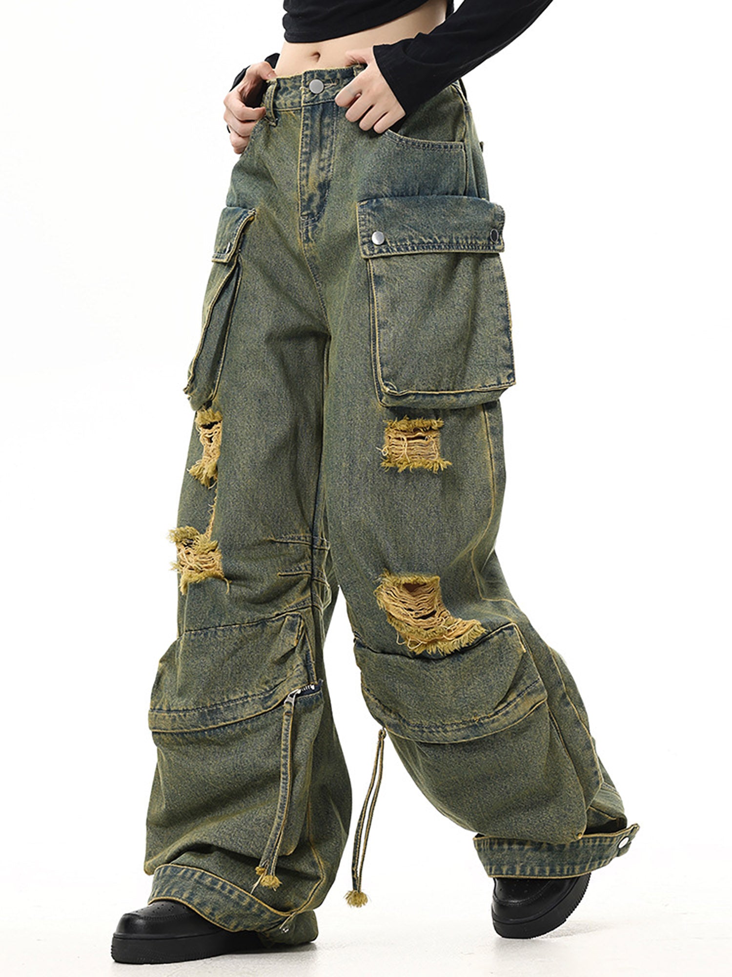 Thesupermade Wasteland Style Washed Distressed Work Cargo Jeans