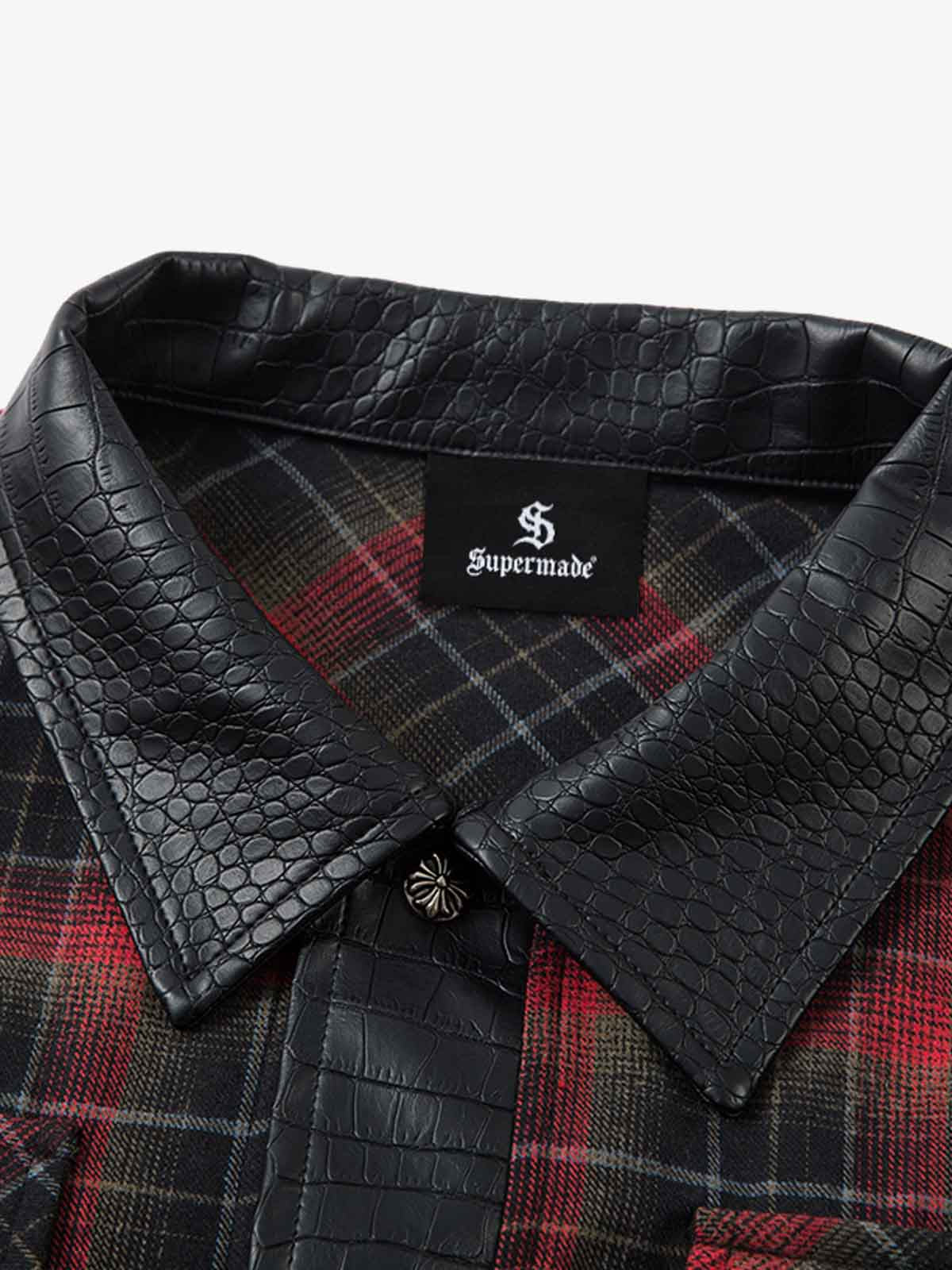 Plaid Flannel Shirt with Leather-Trimmed Collar - Perfect for Casual and Outdoor Styles 