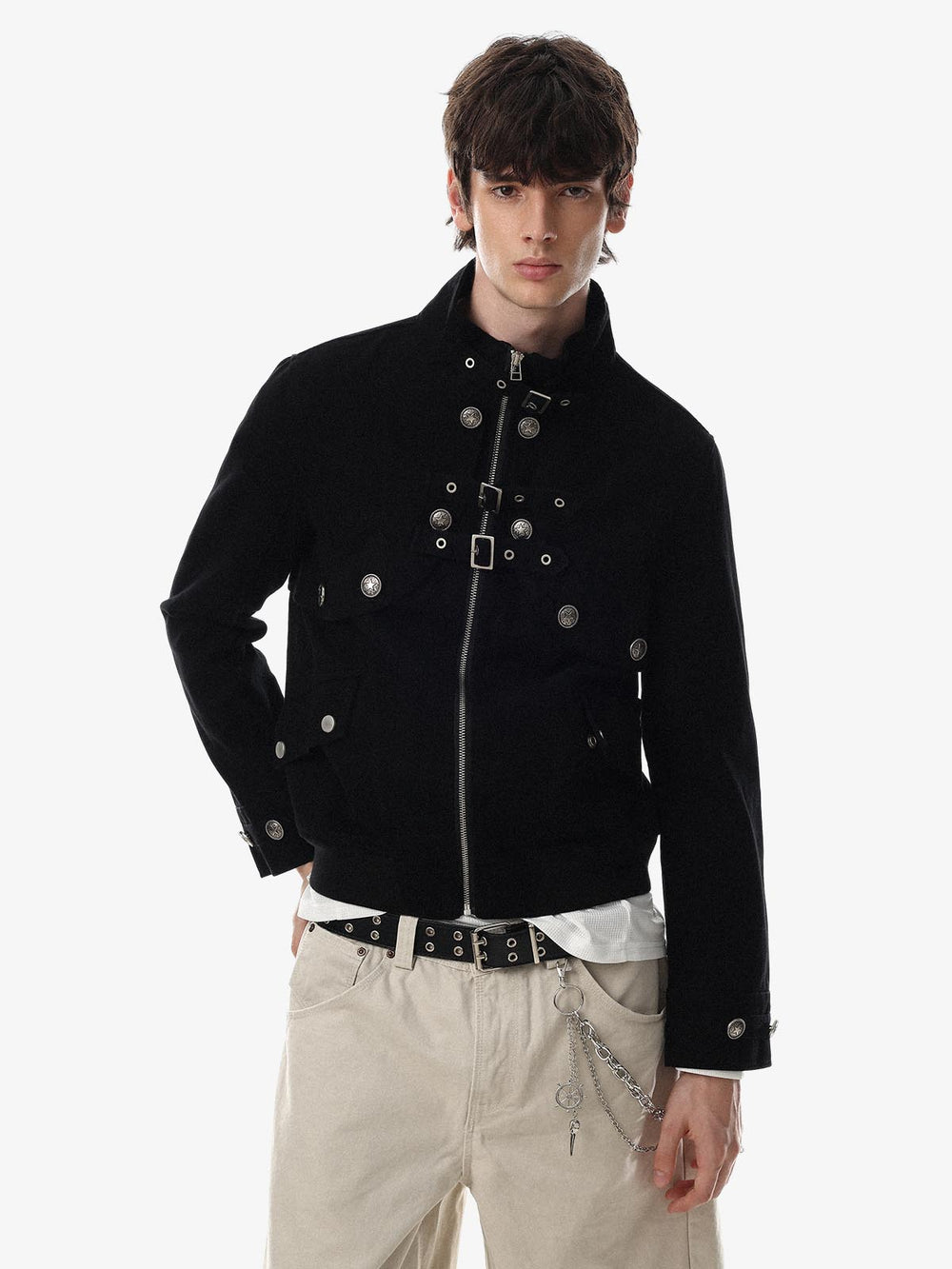 Metal Buckle Stand-Collar Cropped Utility Jacket