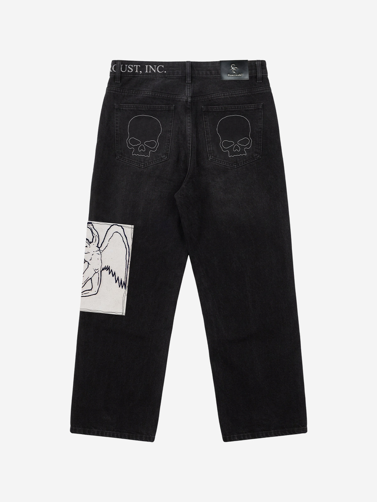 Embroidered Patch Studded Straight-Leg Jeans