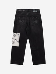 Embroidered Patch Studded Straight-Leg Jeans