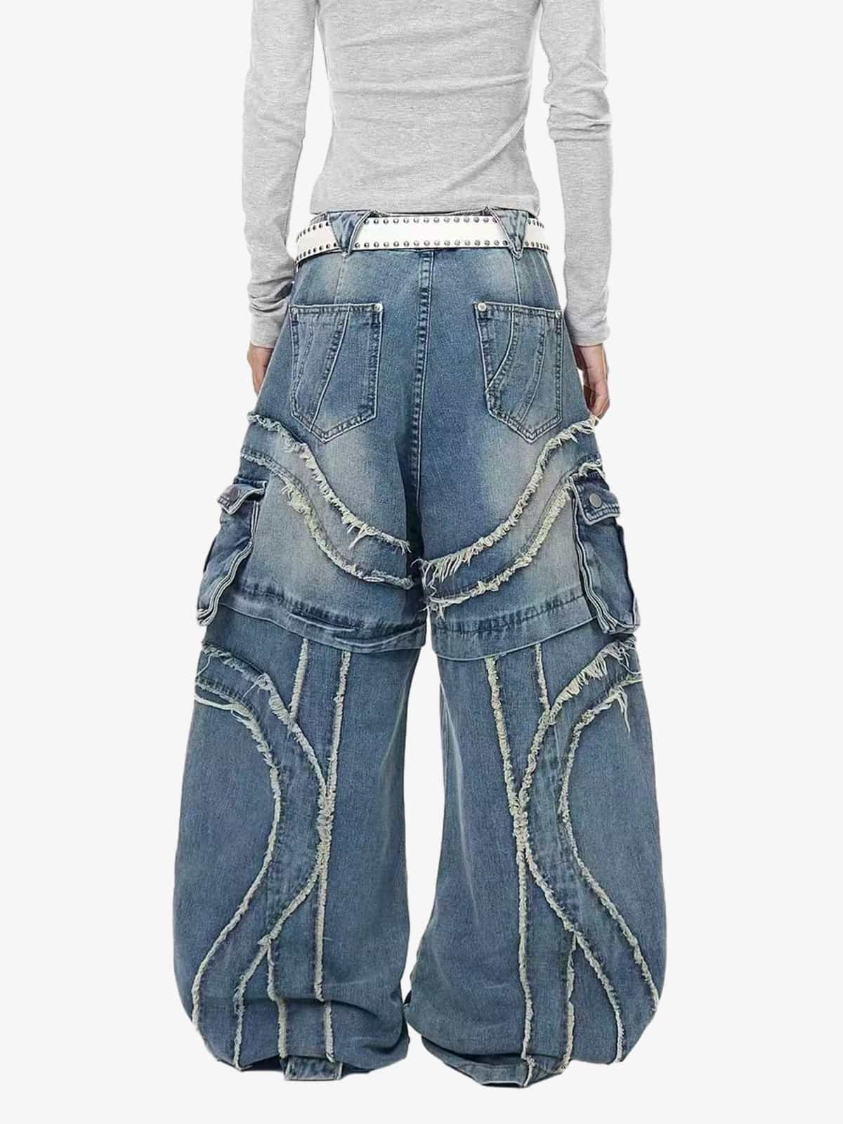 Retro Patchwork Frayed-Edge Heavy-Duty Jeans 