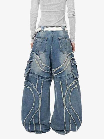 Retro Patchwork Frayed-Edge Heavy-Duty Jeans 