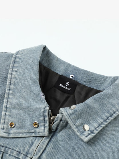 Vintage Detachable Sherpa Collar Aviator Denim Jacket 