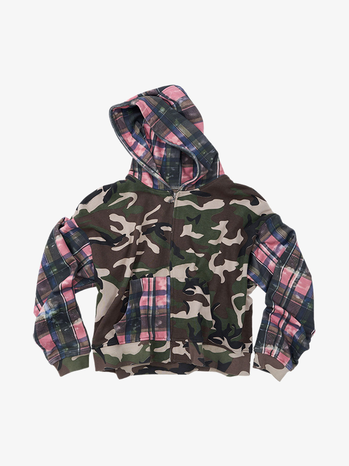 Camo Plaid Patchwork Zip-Up Hoodie