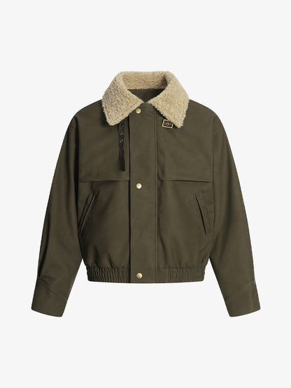 Thesupermade Street Style Lamb Fur Collar Leather Buckle PU Leather Jacket 