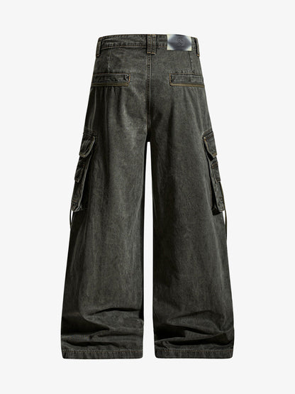 Retro punk style multi-pocket wide-leg cargo pants with rivet pleats and logo print design. 