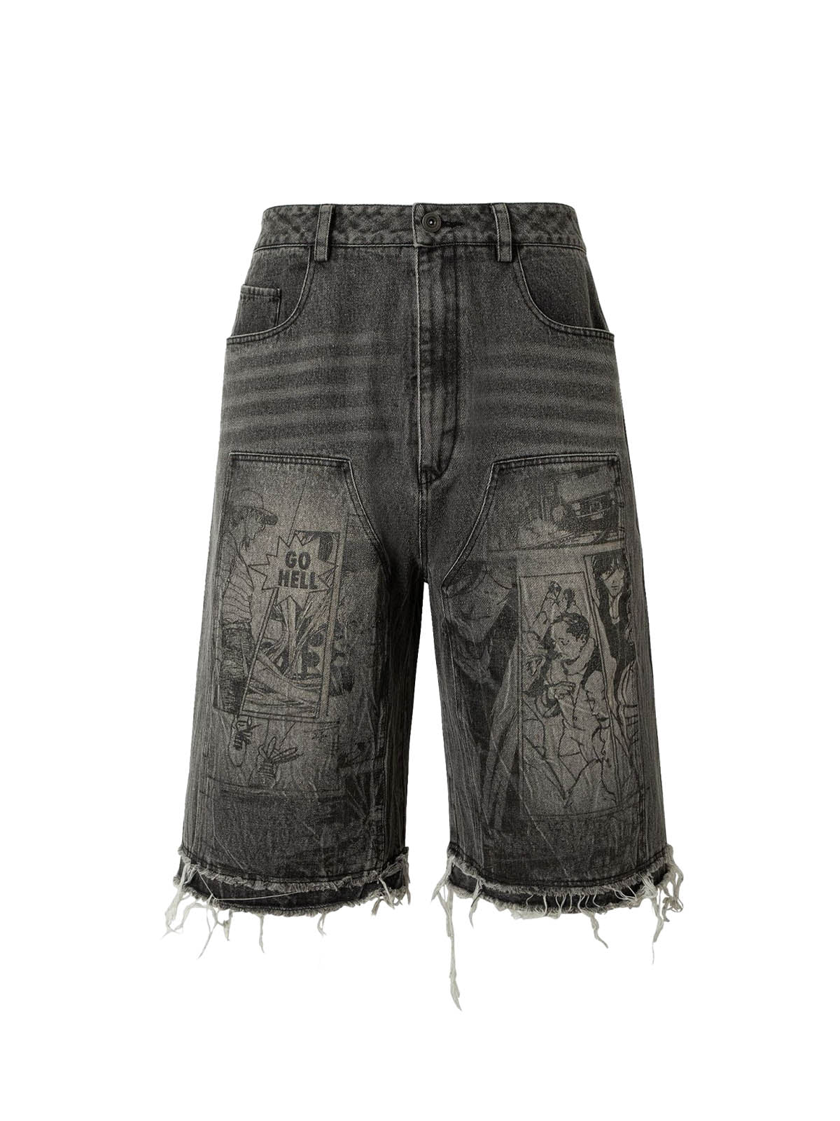 Retro Cartoon Graffiti Washed Ripped Tassel Jorts