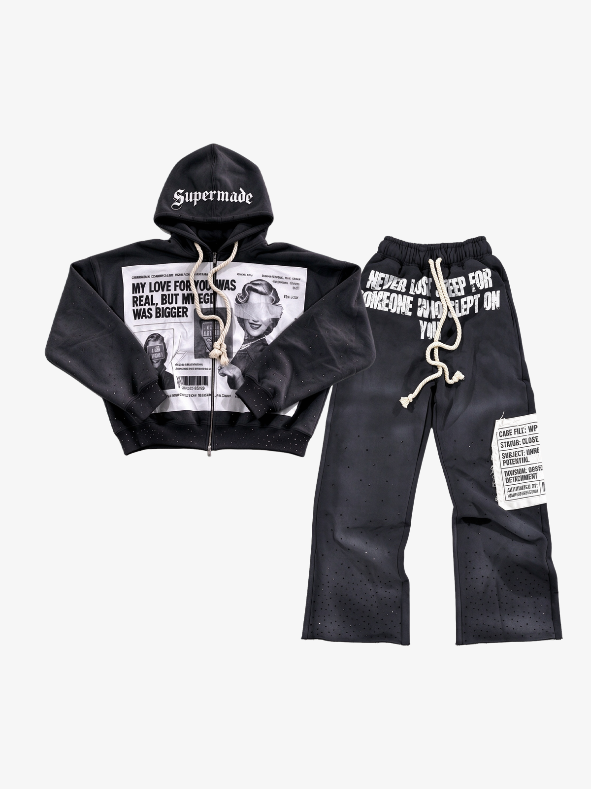 Photo Collage Graphic Zip Hoodie & Wide-Leg Sweatpants Set