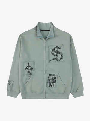 Cotton Blend Patchwork Bomber Jacket with Graphic Embroidery and Zipper Closure 