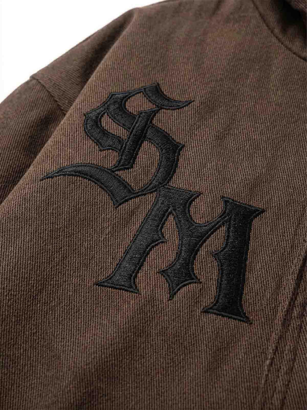Embroidered Faux-Fur Collar Oversized Distressed Bomber Jacket