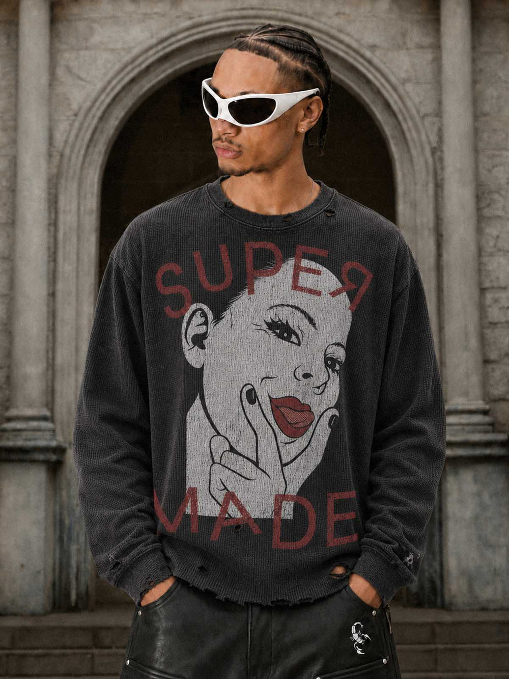 Tongue Graphic Distressed Waffle Long Sleeve Tee